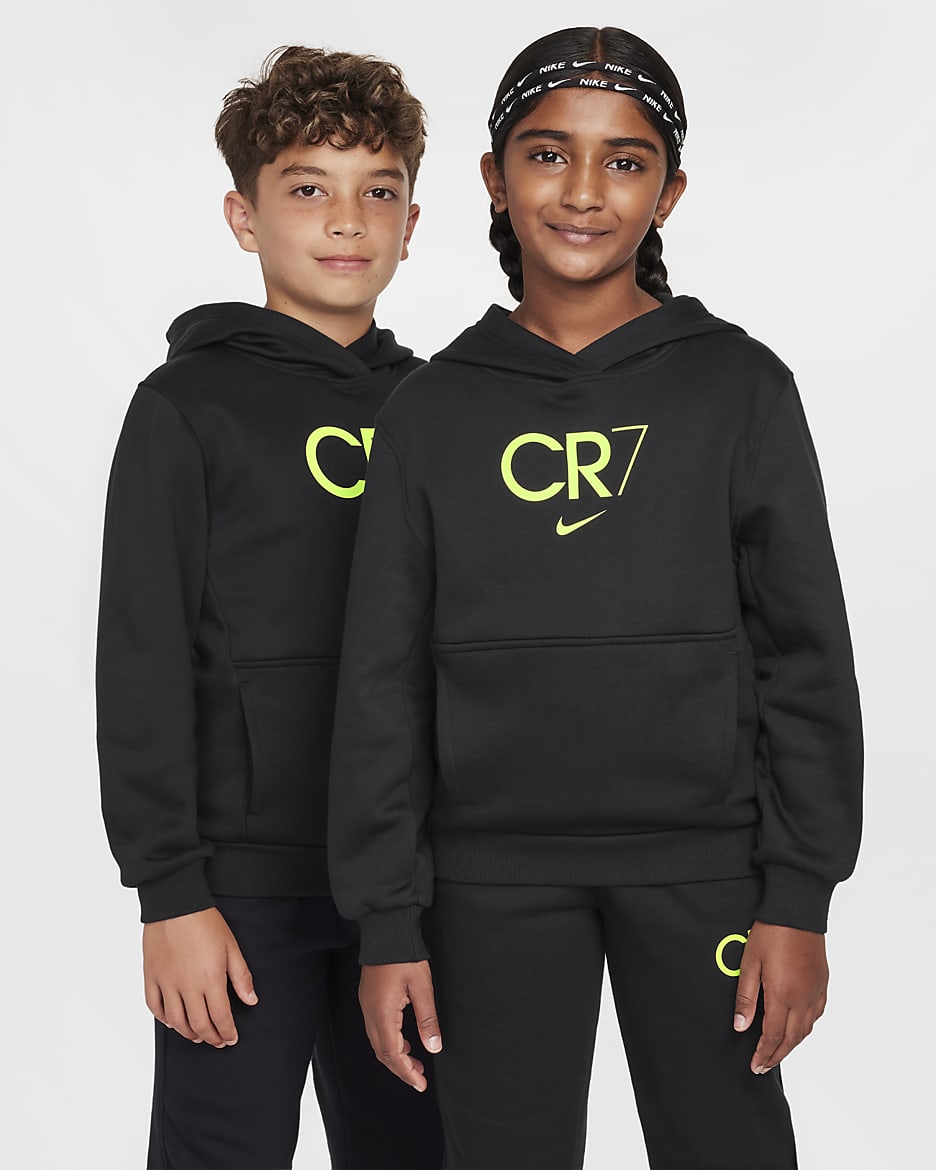 CR7 Club Fleece-fodboldhættetrøje til større børn - sort/Volt