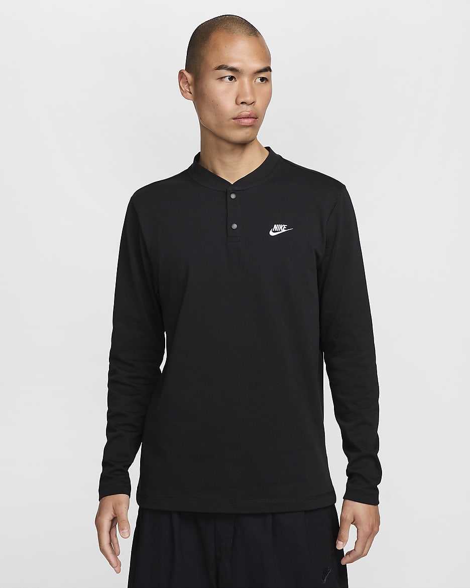 Nike Club Men's Long-Sleeve Henley - Black/Black/White
