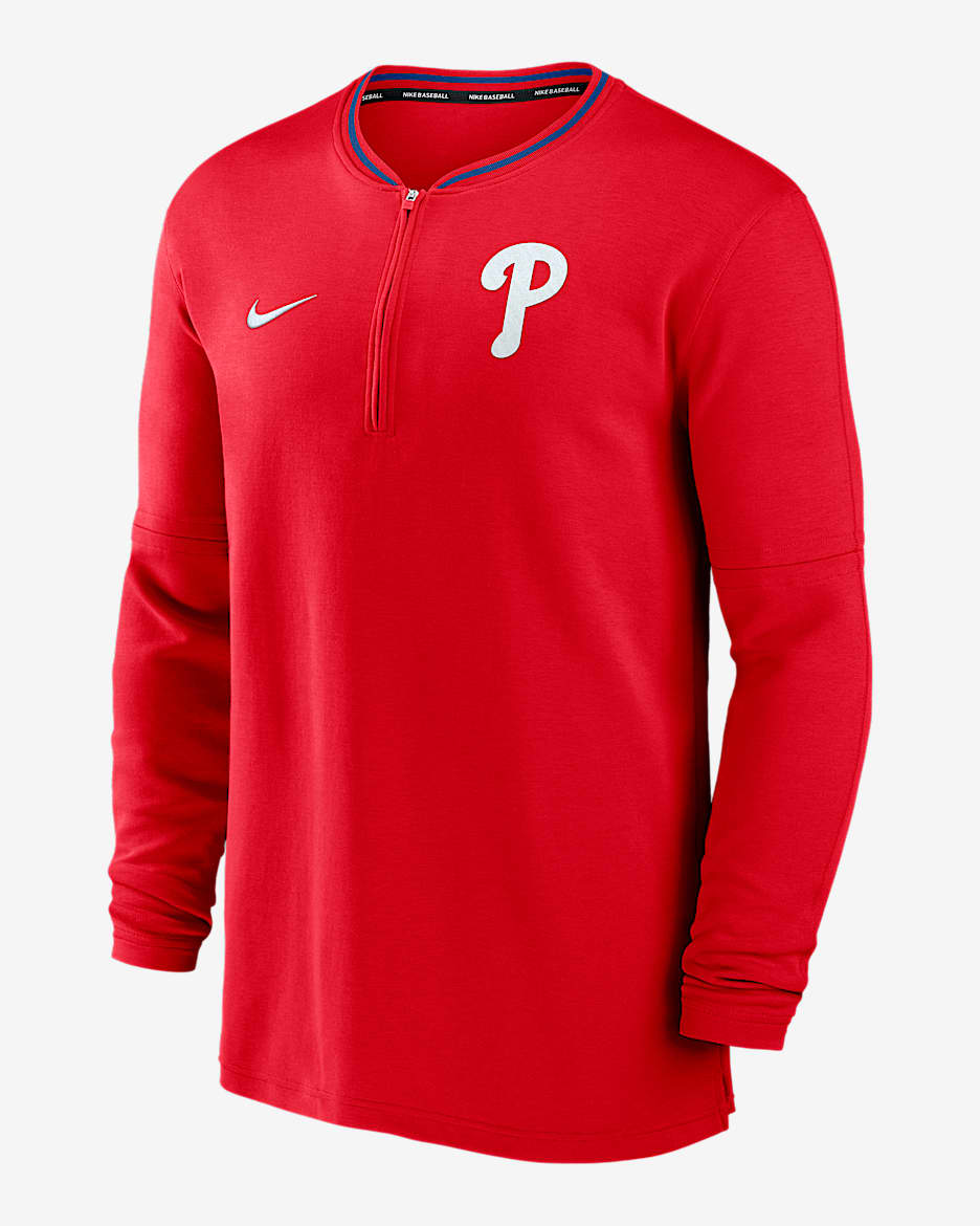 Playera de manga larga Nike Dri-FIT de la MLB de medio cierre para hombre Philadelphia Phillies Authentic Collection - Rojo