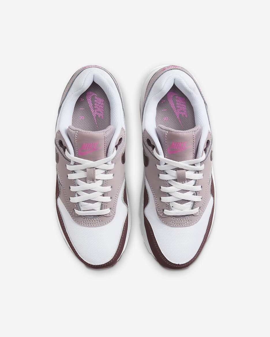 Air Max 1 Older Kids' Shoes - White/Light Violet Ore/Playful Pink/Burgundy Crush