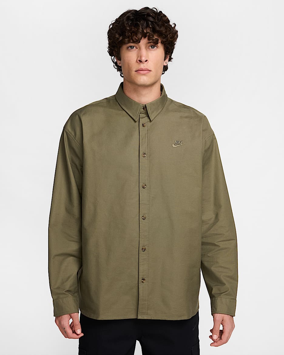 Nike Club Men's Oversized Long-Sleeved Oxford Shirt - Medium Olive/Medium Olive