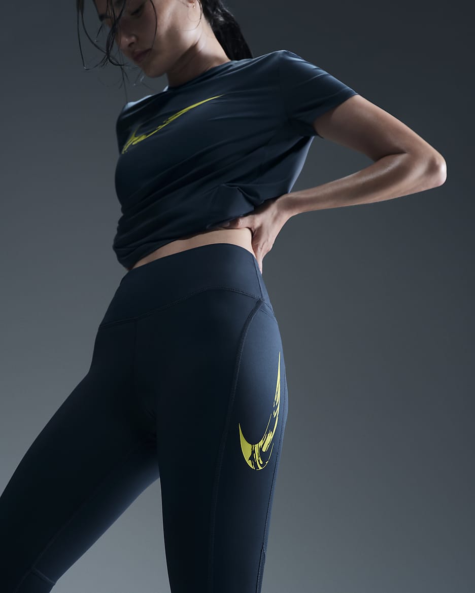 Nike Fast Swoosh Women's Mid-Rise 7/8 Running Leggings with Pockets - Armoury Navy/Bright Cactus