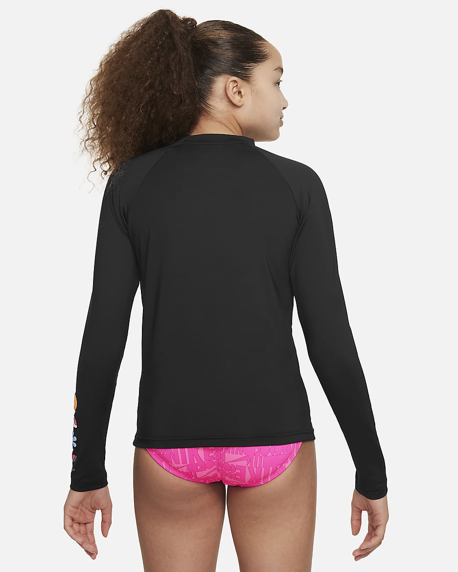 Playera Hydroguard de manga larga para niña talla grande Nike Swim Charms - Negro