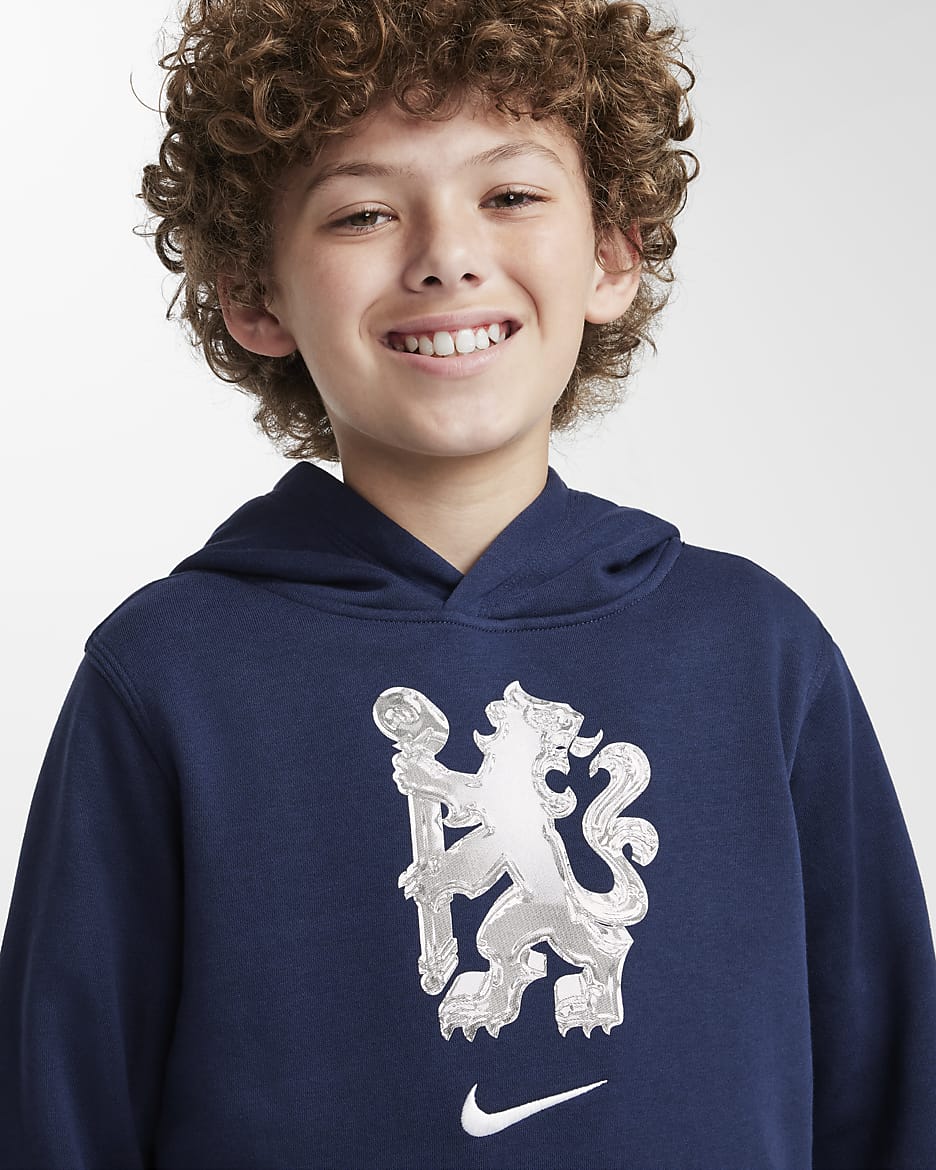 Hoodie pullover de futebol Nike Club Chelsea F.C. Júnior (Rapaz) - Obsidian/Branco