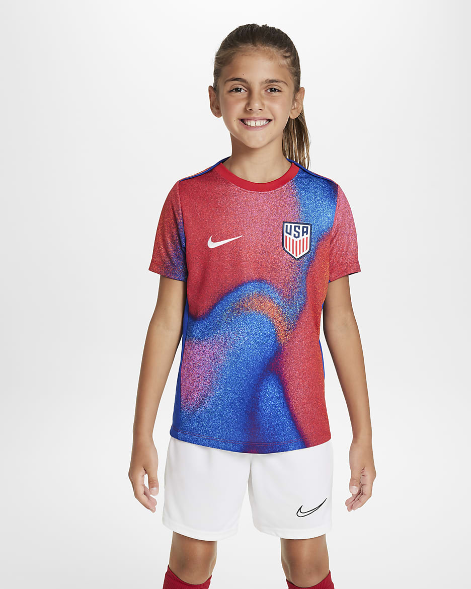 Playera de fútbol de manga corta Nike Dri-FIT para antes del partido para niños talla grande USMNT Academy Pro - Blanco/Rojo deportivo/Azul eléctrico/Blanco