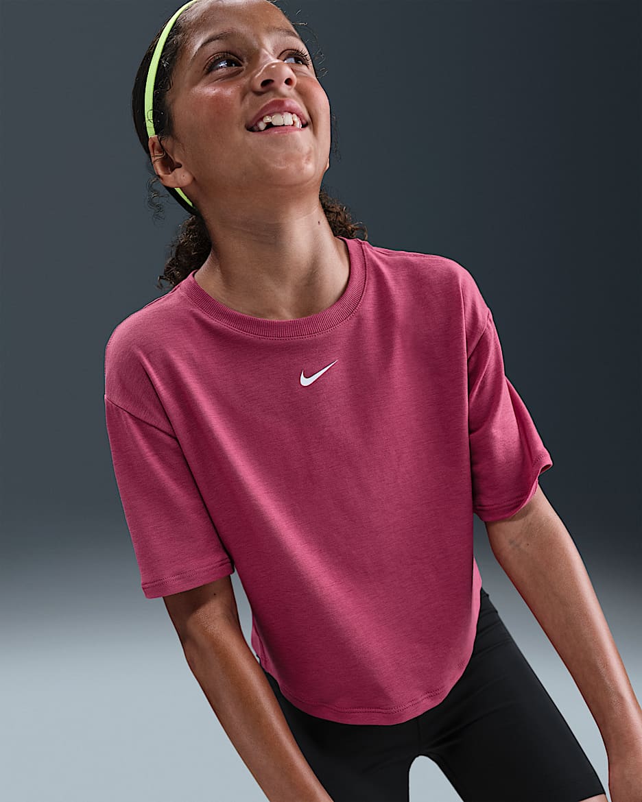 Nike One Relaxed Big Kids' (Girls') Dri-FIT Short-Sleeve Top - Sweet Beet/White