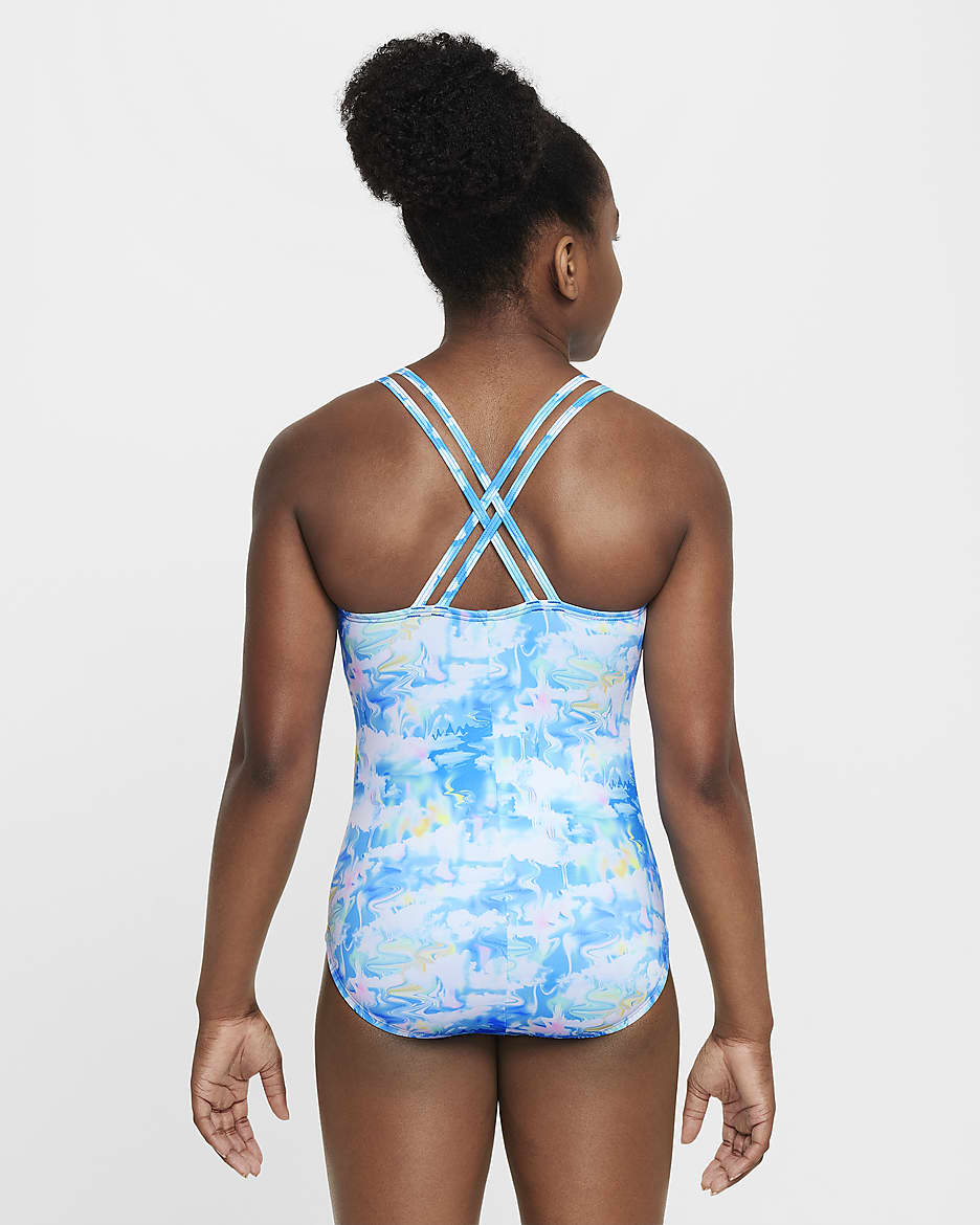 Ολόσωμο μαγιό με εντυπωσιακή πλάτη Nike Swim Dream Clouds για μεγάλα κορίτσια - Photo Blue/Λευκό/Game Royal