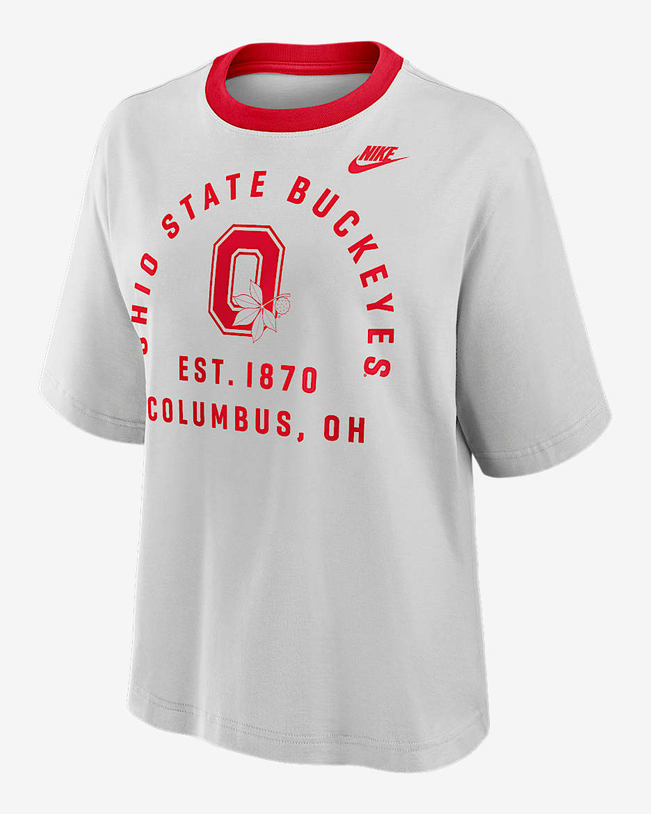 Ohio State Legacy Arch Script Boxy Women's Nike College T-Shirt - Photon Dust