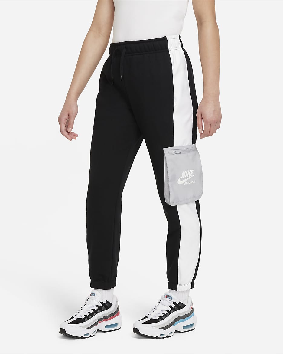 Nike Sportswear Heritage Big Kids' (Girls') French Terry Pants - Black/White/Light Smoke Grey/White