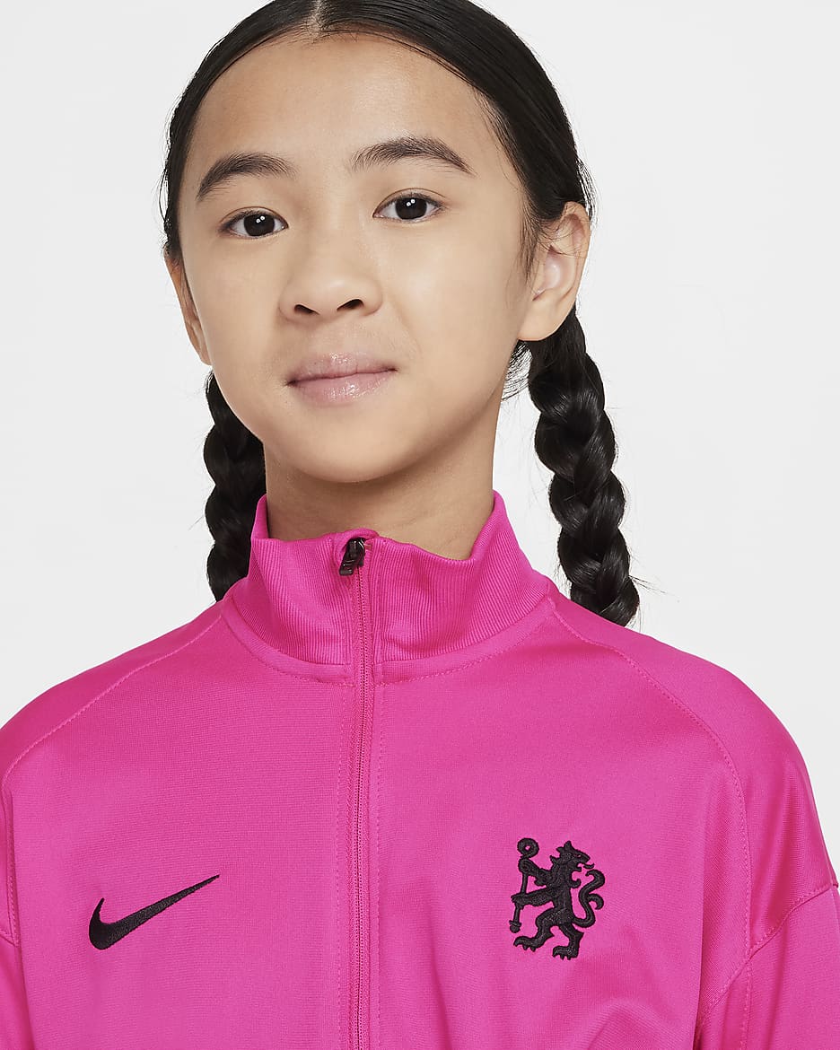 Chelsea F.C. Strike Third Older Kids' Nike Dri-FIT Football Knit Tracksuit - Pink Prime/Black/Black/Black