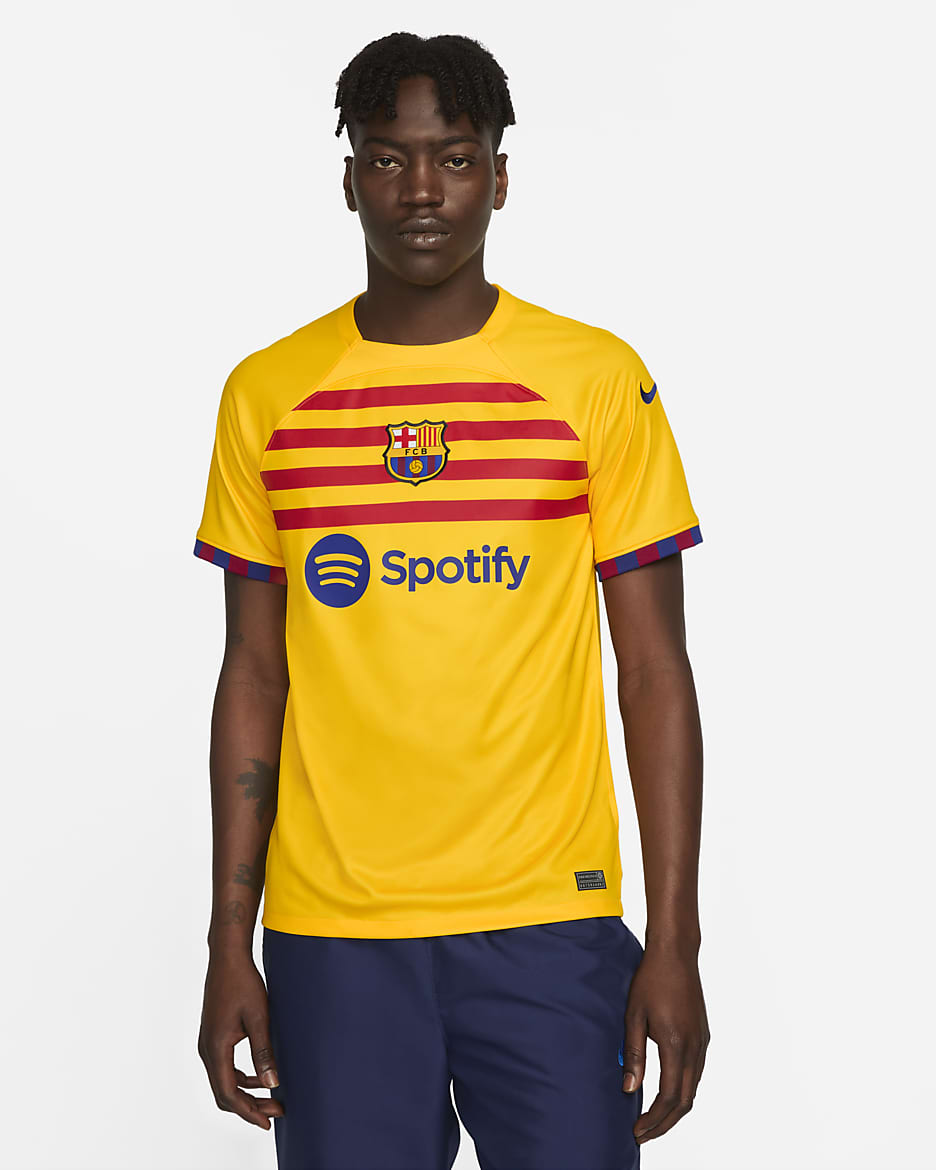 Jersey de fútbol Nike Dri-FIT del FC Barcelona complementario 2023/24 Stadium para hombre - Amarillo/Rojo universitario/Azul royal intenso