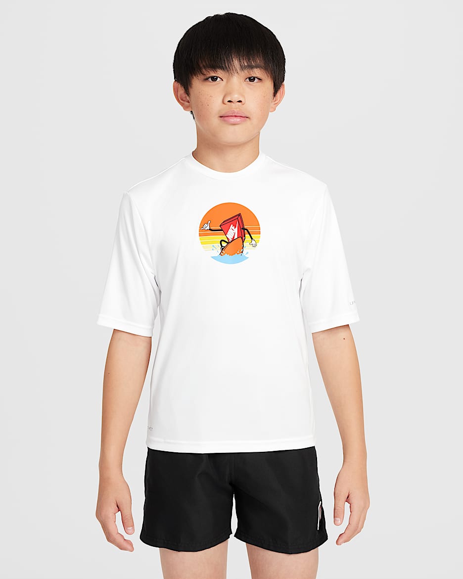 Playera de manga corta Dri-FIT para niño talla grande Nike Swim Hydroguard - Blanco/Naranja motor/Rojo universitario/Naranja motor