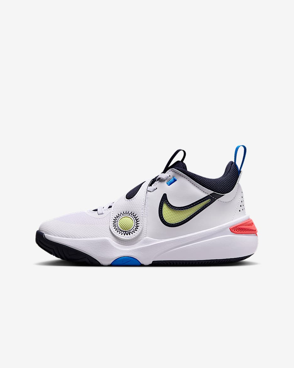 Nike Team Hustle D 11 Older Kids' Basketball Shoes - White/Bright Crimson/Photo Blue/Light Lemon Twist