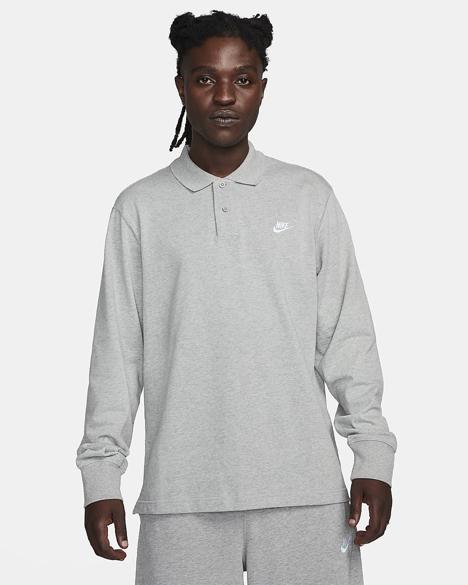 Polo en maille à manches longues Nike Club pour homme - Dark Grey Heather/Blanc