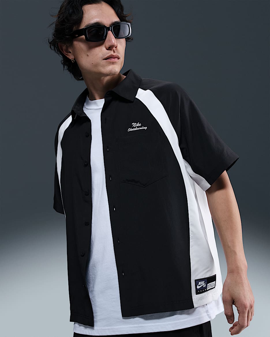 Playera tipo bowling de manga corta de tejido Woven Dri-FIT Nike SB - Negro/Blanco/Blanco