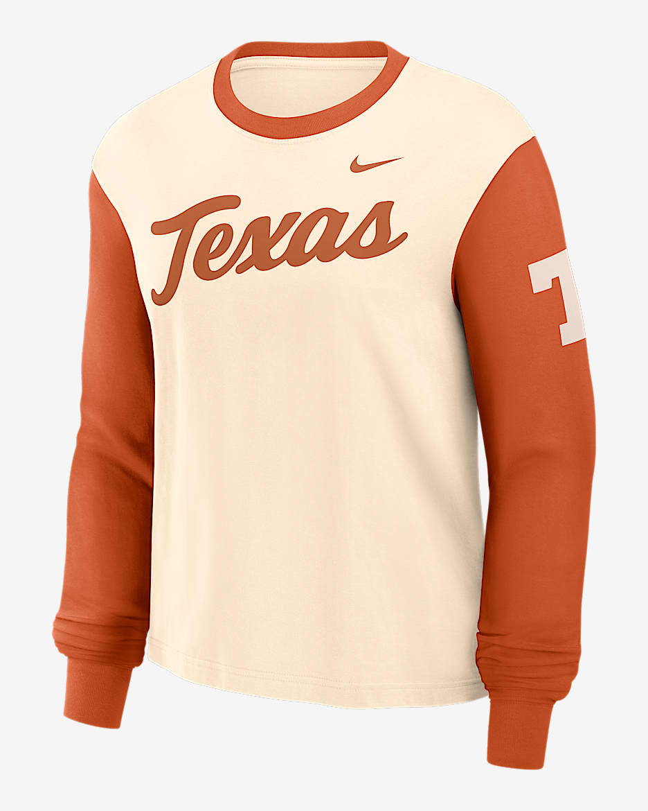 Playera de manga larga universitaria Nike para mujer Texas Longhorns Boxy - Natural