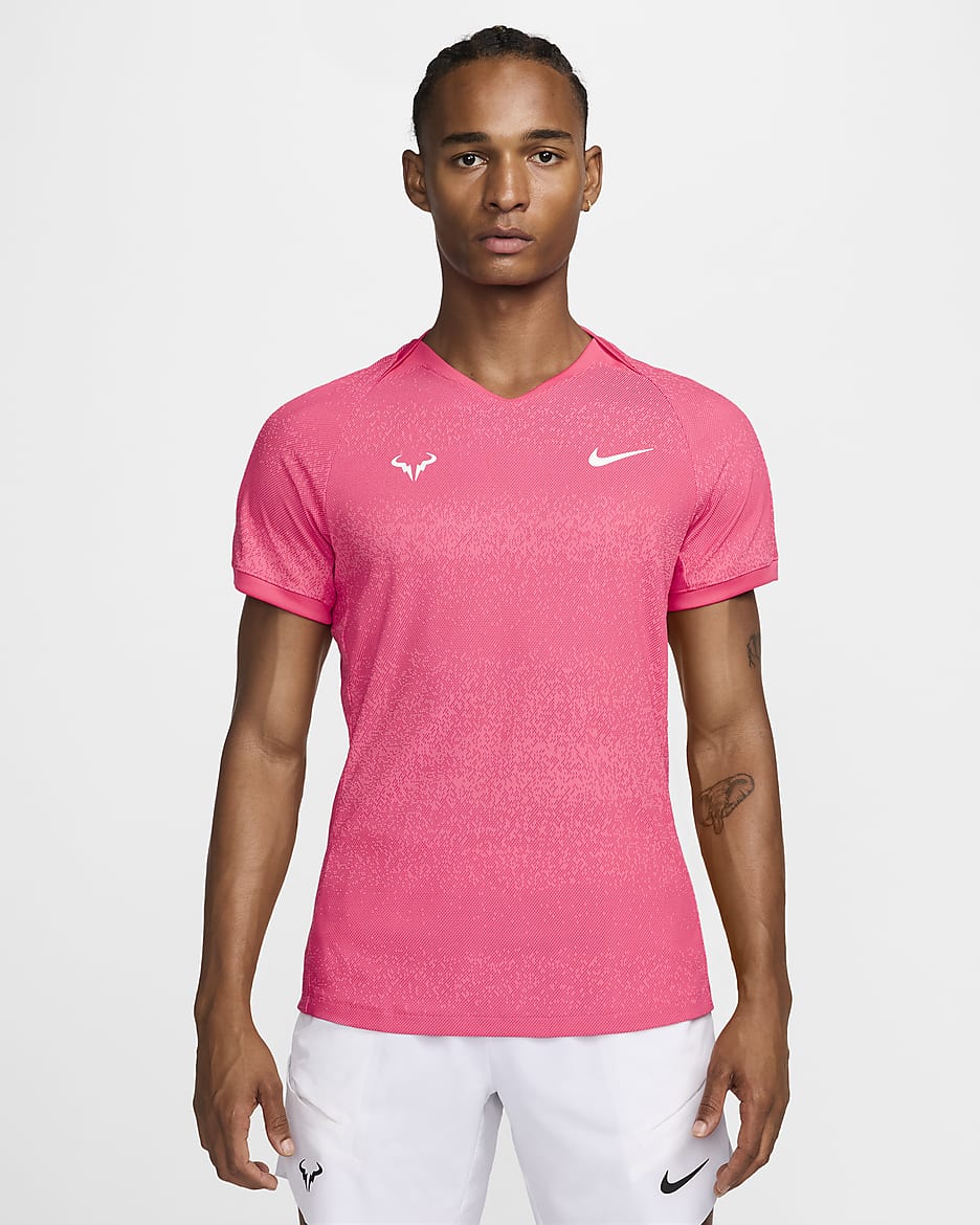 Camisola de ténis de manga curta Nike Dri-FIT ADV Rafa para homem - Rosa Aster/Branco