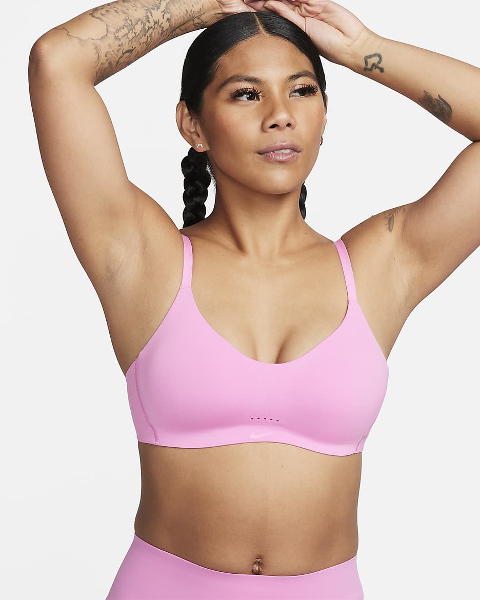 Bra deportivo de baja sujeción con almohadillas para mujer Nike Alate Minimalist - Rosa alegre/Rosa alegre/Blanco