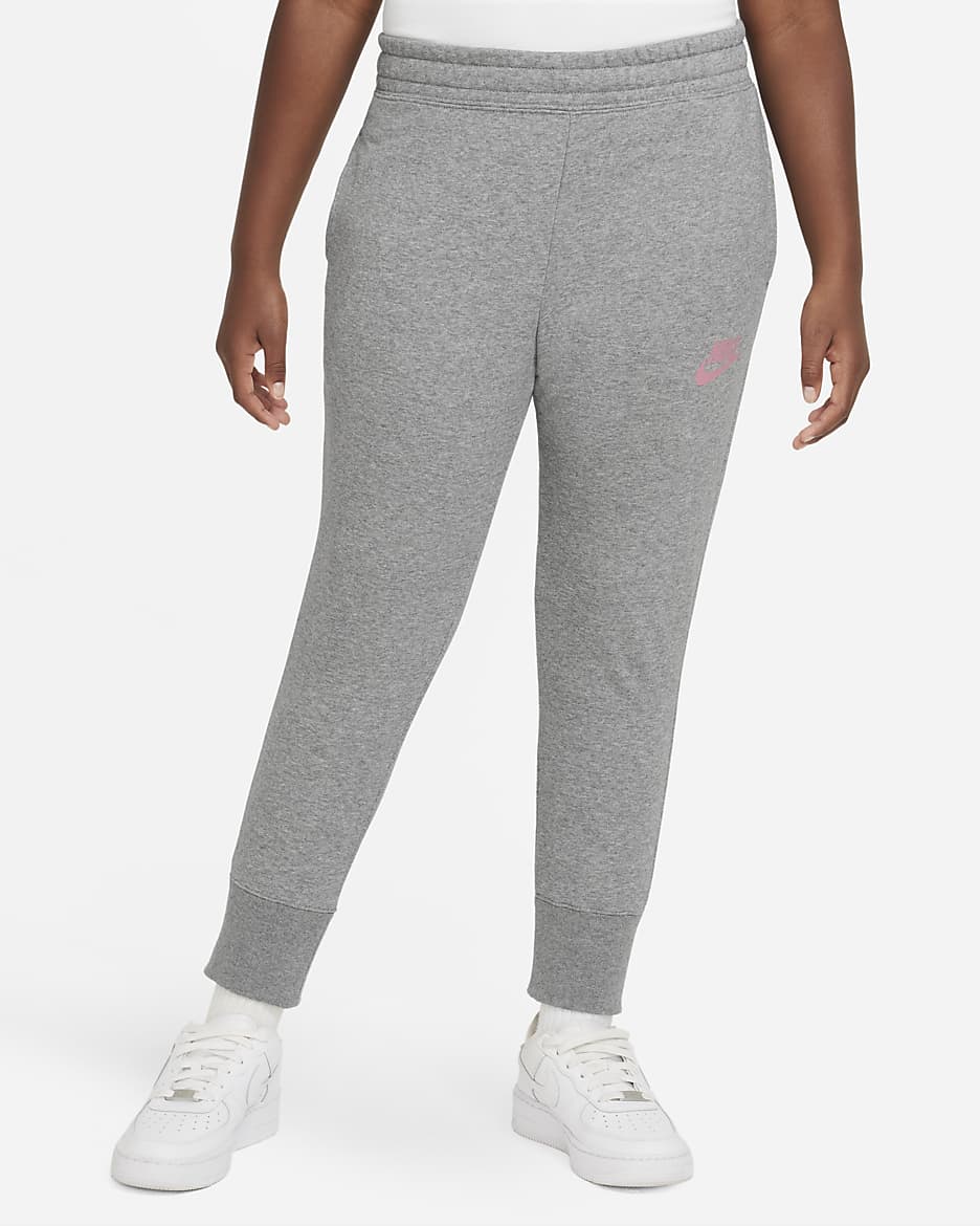 Nike Sportswear Club Big Kids' (Girls') French Terry Fitted Pants (Extended Size) - Carbon Heather/Elemental Pink