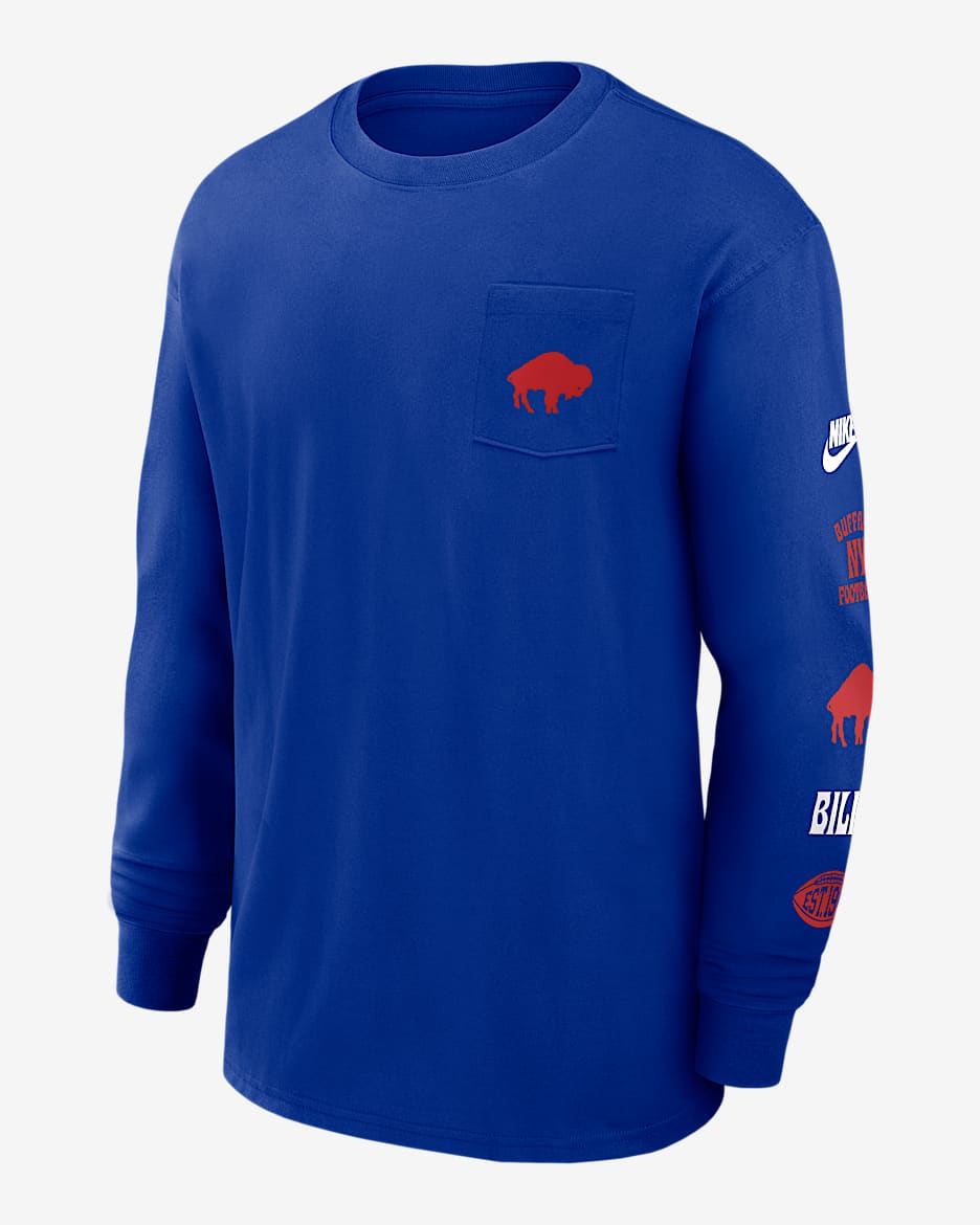 Playera de manga larga Nike de la NFL para hombre Buffalo Bills Rewind Max90 Pocket - Azul eléctrico