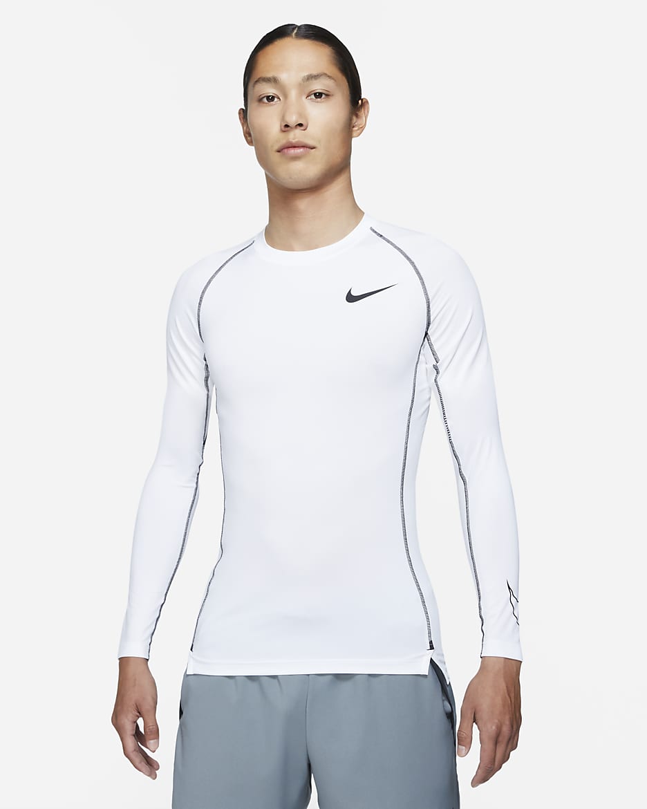 Nike Pro Dri-FIT Men's Tight-Fit Long-Sleeve Top - White/Black/Black