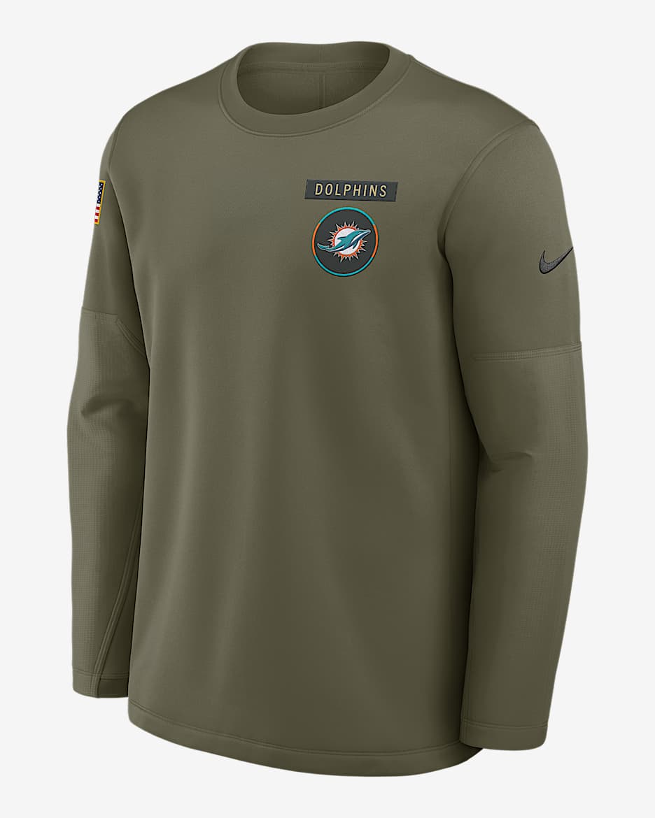 Sudadera de cuello redondo sin cierre Nike de la NFL para hombre Miami Dolphins Salute to Service Sideline Triumphant Win Coach - Oliva medio