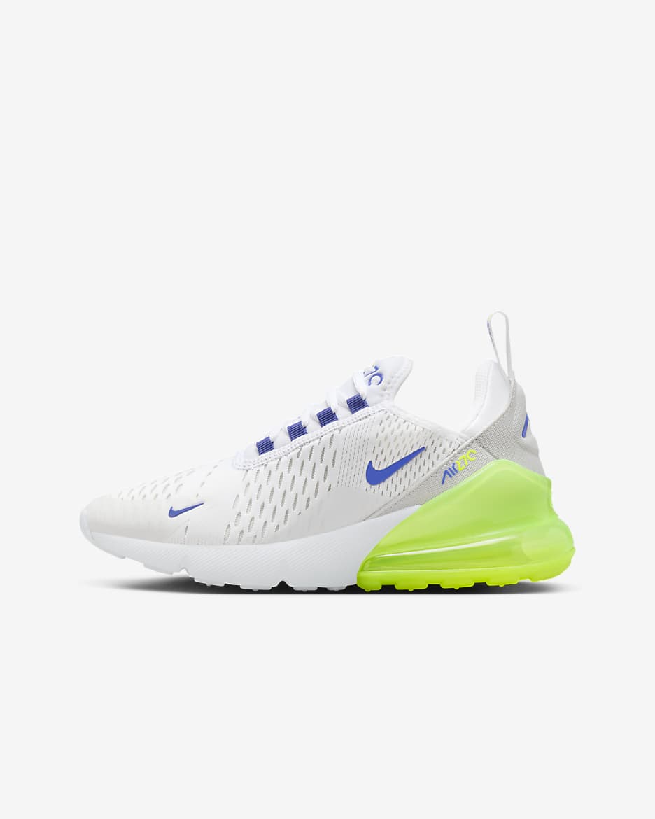 Tenis para niños grandes Nike Air Max 270 - Blanco/Volt/Polvo fotón/Azul astronómico