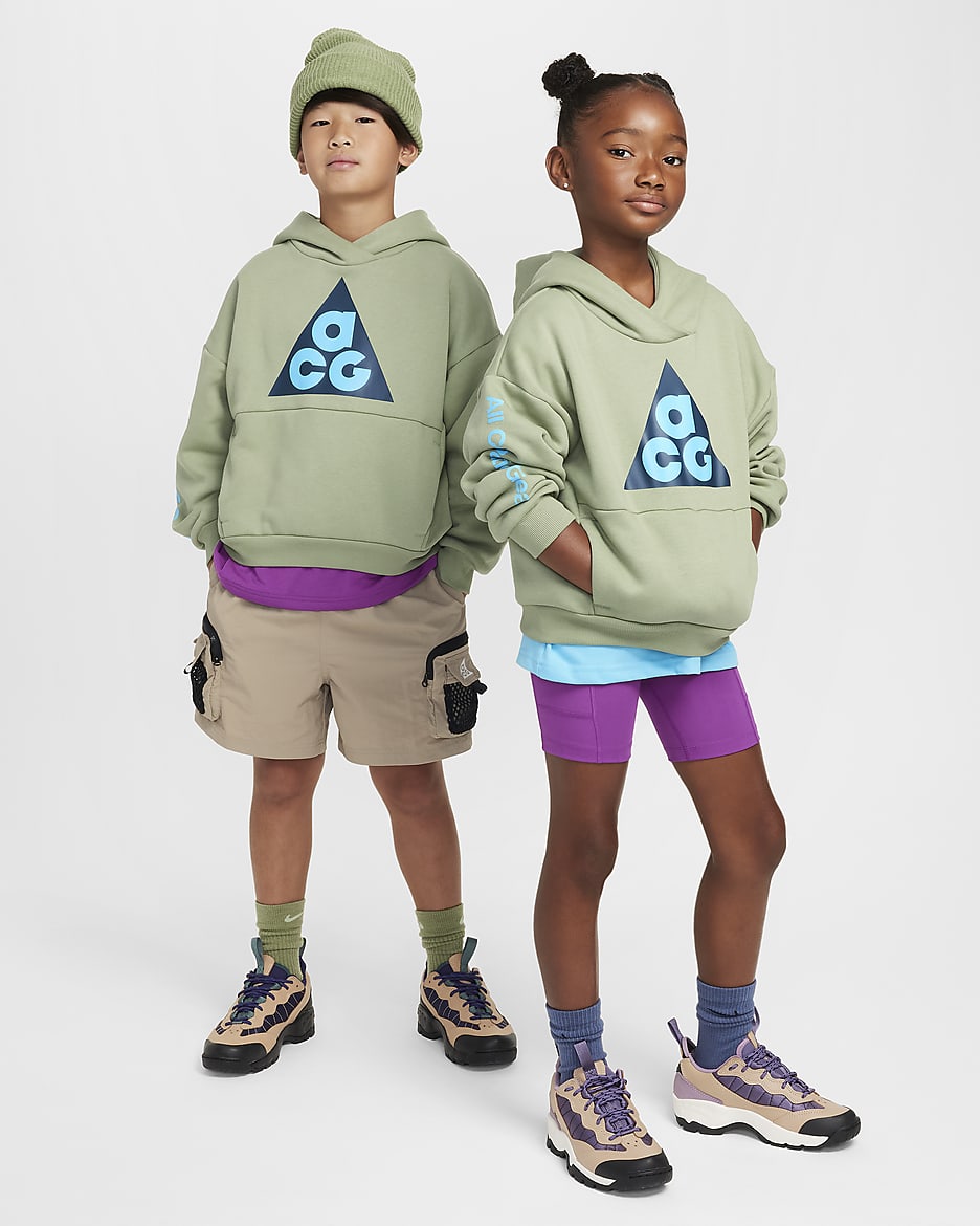 Nike ACG Icon Fleece Older Kids' Pullover Hoodie - Oil Green/Baltic Blue