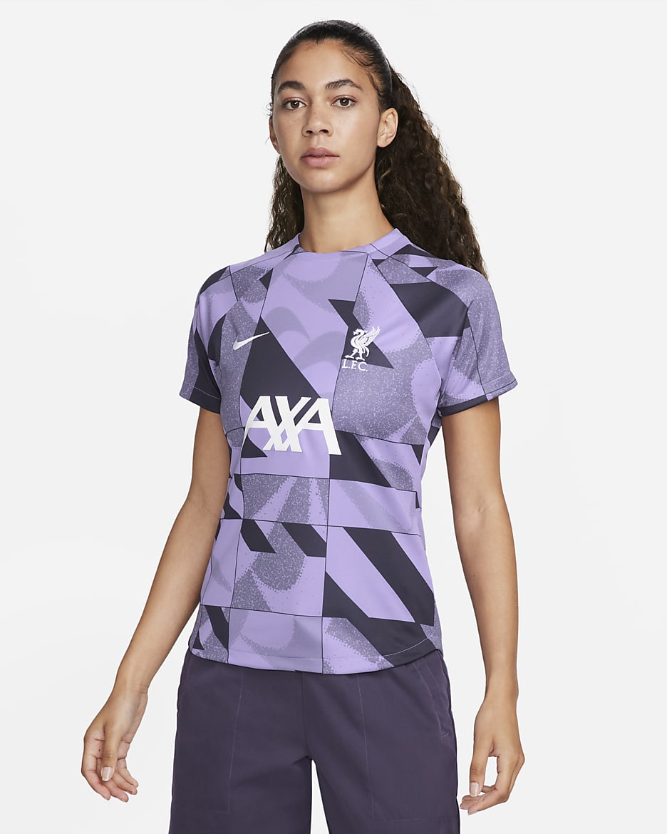 Liverpool FC Academy Pro Third Nike Dri-FIT Pre-Match-Fußballoberteil für Damen - Space Purple/Gridiron/Weiß