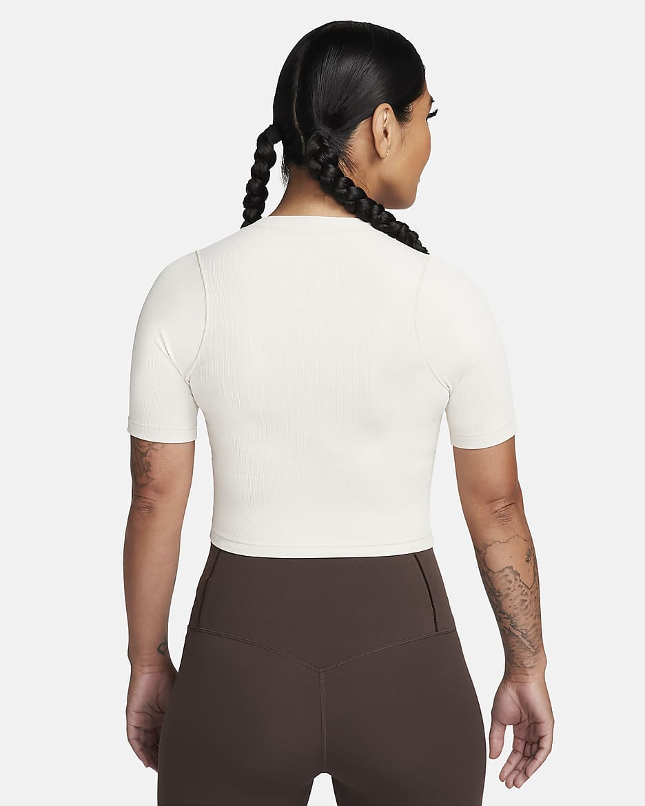 Nike Zenvy Rib Women's Dri-FIT Short-Sleeve Cropped Top - Light Orewood Brown/White
