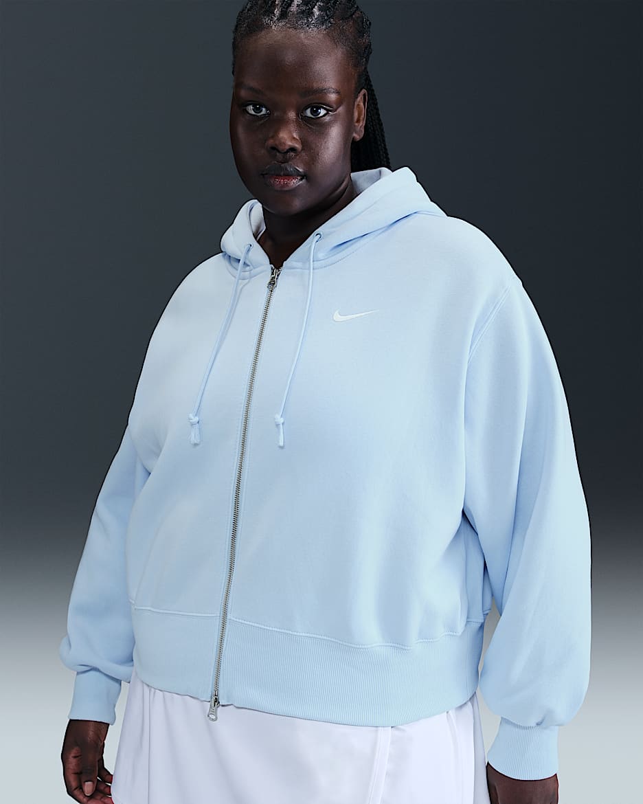 Nike Sportswear Phoenix Fleece Women's Loose Cropped Full-Zip Hoodie (Plus Size) - Blue Tint/Sail