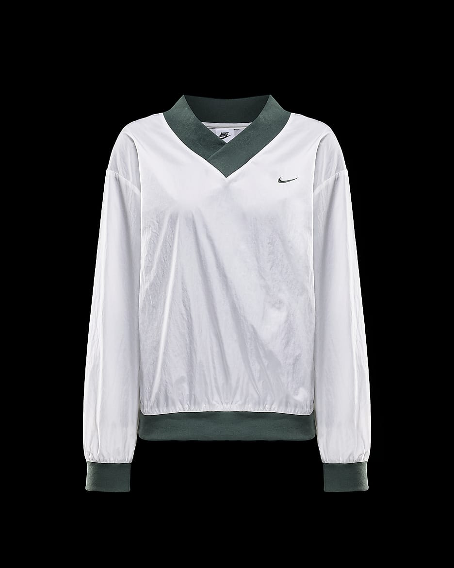 Nike Sportswear Essential Women's Loose UV Woven Long-Sleeve V-Neck Top - Sail/Vintage Green/Vintage Green