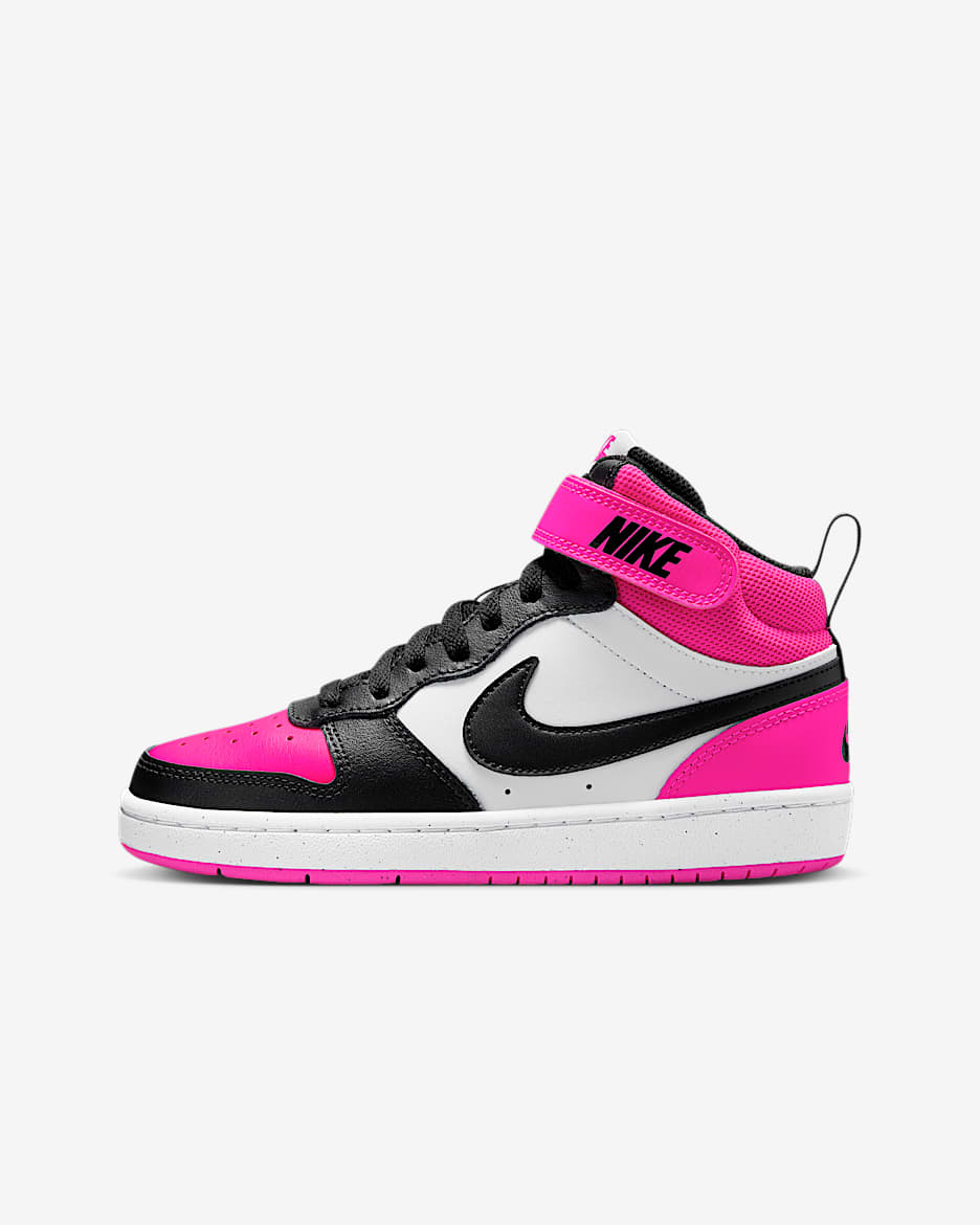 Nike Court Borough Mid 2 Tenis para niños grandes - Blanco/Rosa feroz/Negro