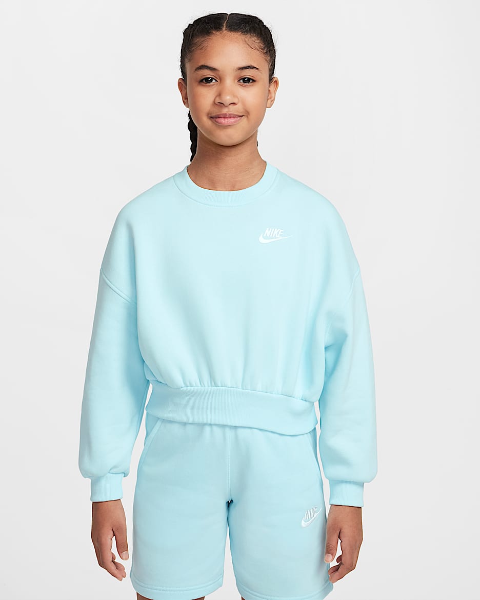 Sudadera de cuello redondo Dri-FIT de corte cuadrado para niña Nike Sportswear Club Fleece - Azul glacial/Blanco