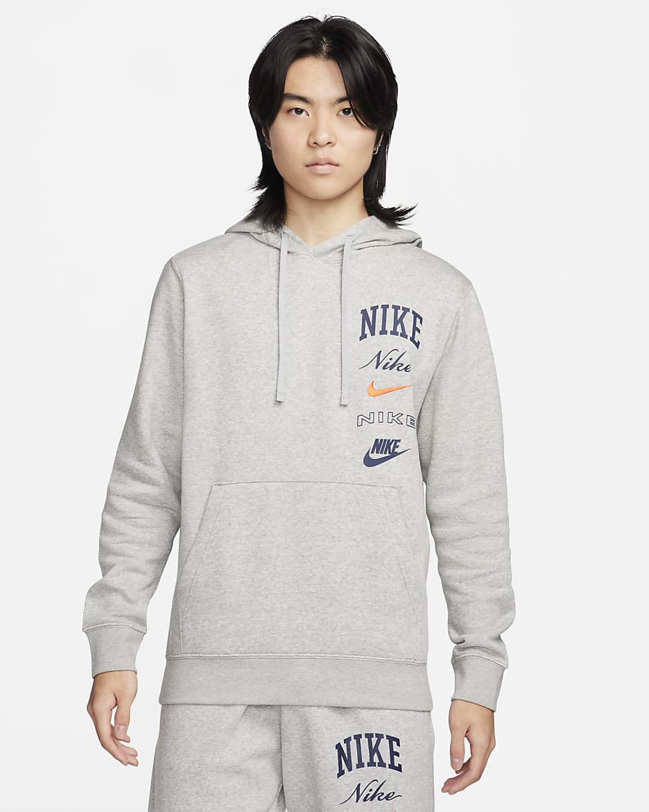 Nike Club Fleece Men's Pullover Hoodie - Dark Grey Heather/Light Smoke Grey/Safety Orange