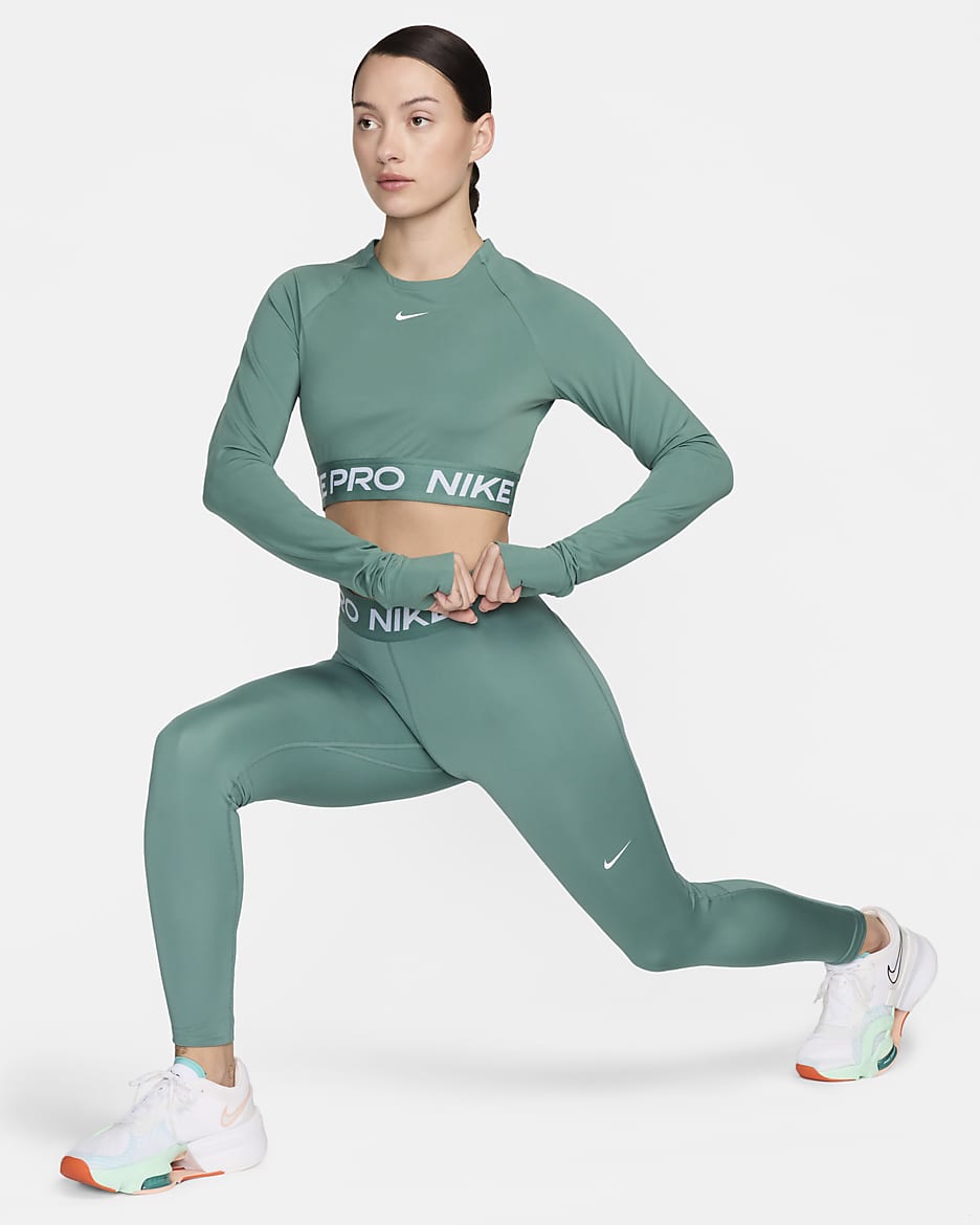 Haut court à manches longues Dri-FIT Nike Pro pour femme - Bicoastal/Blanc