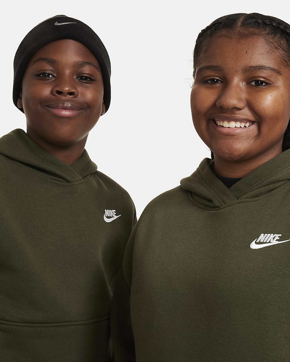 Nike Sportswear Club Fleece Big Kids' Pullover Hoodie (Extended Size) - Cargo Khaki/White