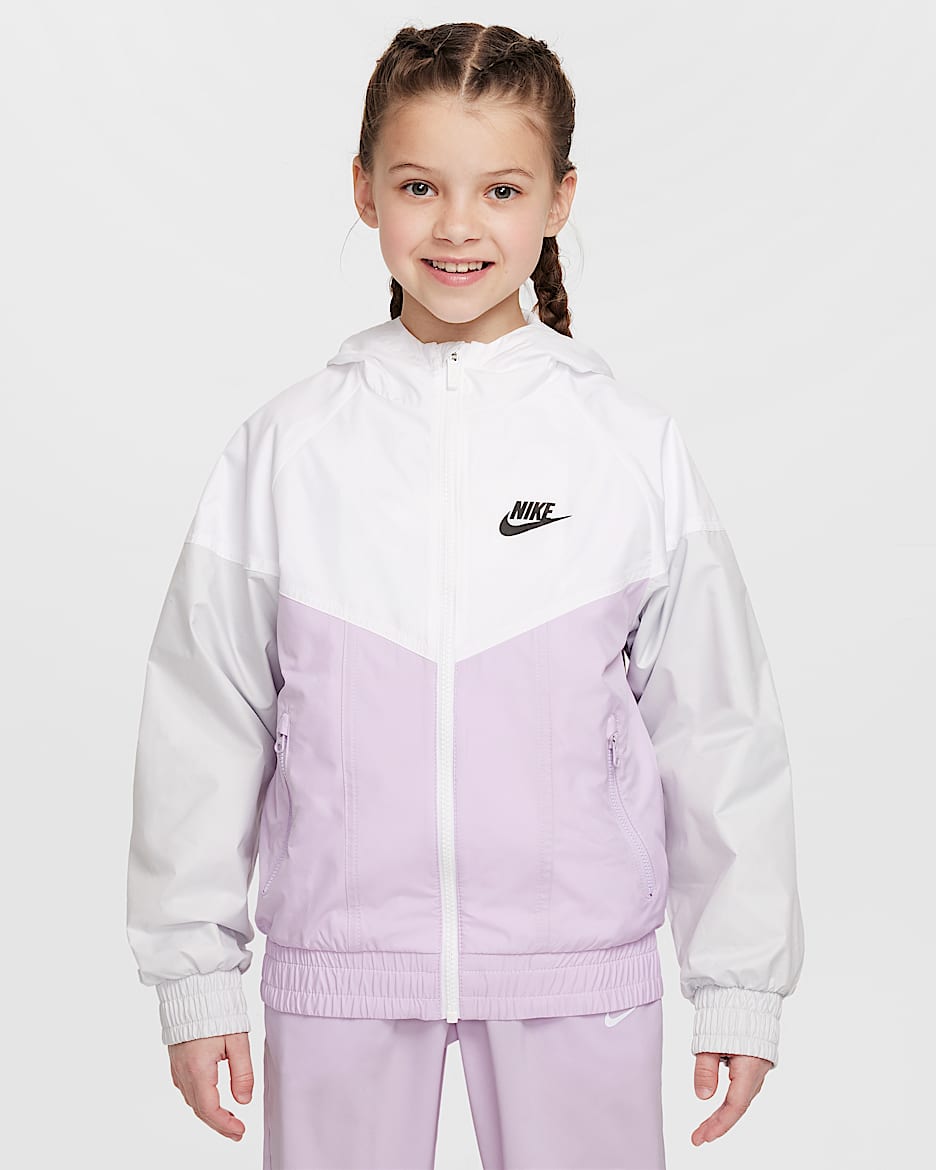 Chamarra Repel con gorro para niños talla grande Nike Sportswear Windrunner - Blanco/Muñeca/Polvo fotón/Negro