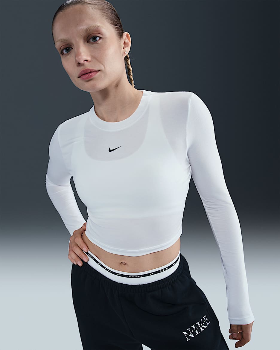 Nike Sportswear Chill Knit Camiseta corta de manga larga y ajuste entallado - Mujer - Blanco/Negro