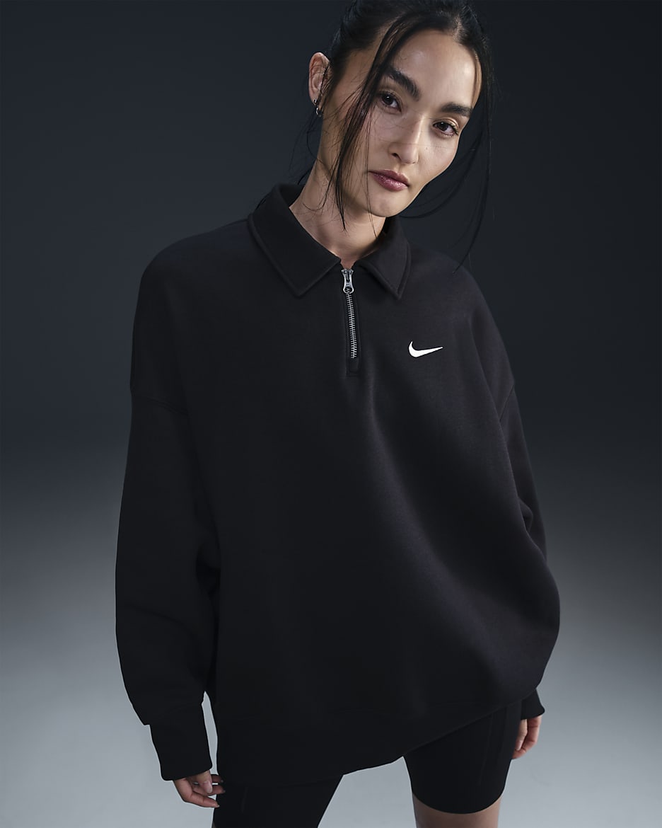 เสื้อโปโลซิปสั้นโอเวอร์ไซส์ผู้หญิง Nike Sportswear Phoenix Fleece - ดำ/Sail