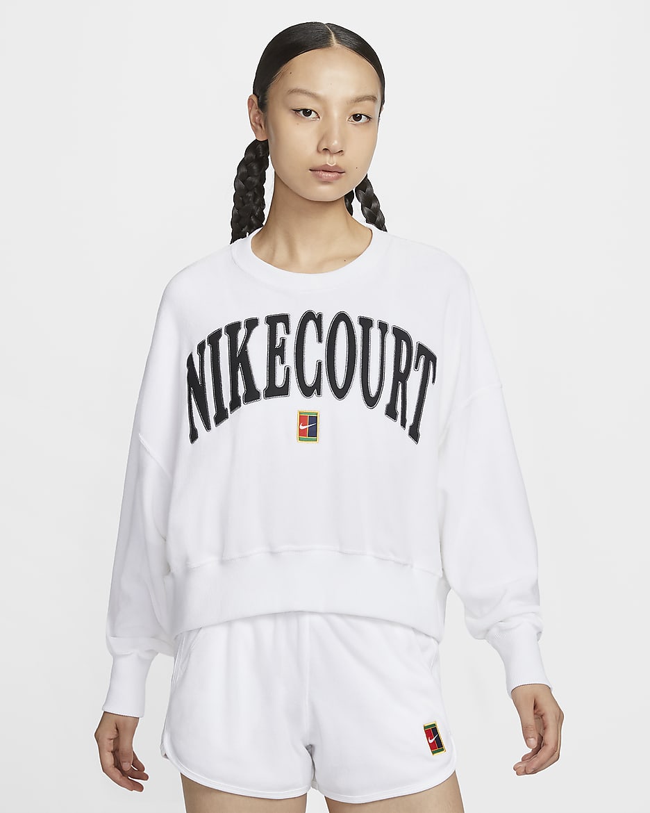 NikeCourt Heritage Women's Over-Oversized Crew-Neck Graphic Tennis Sweatshirt - White/White/Flat Pewter/Black