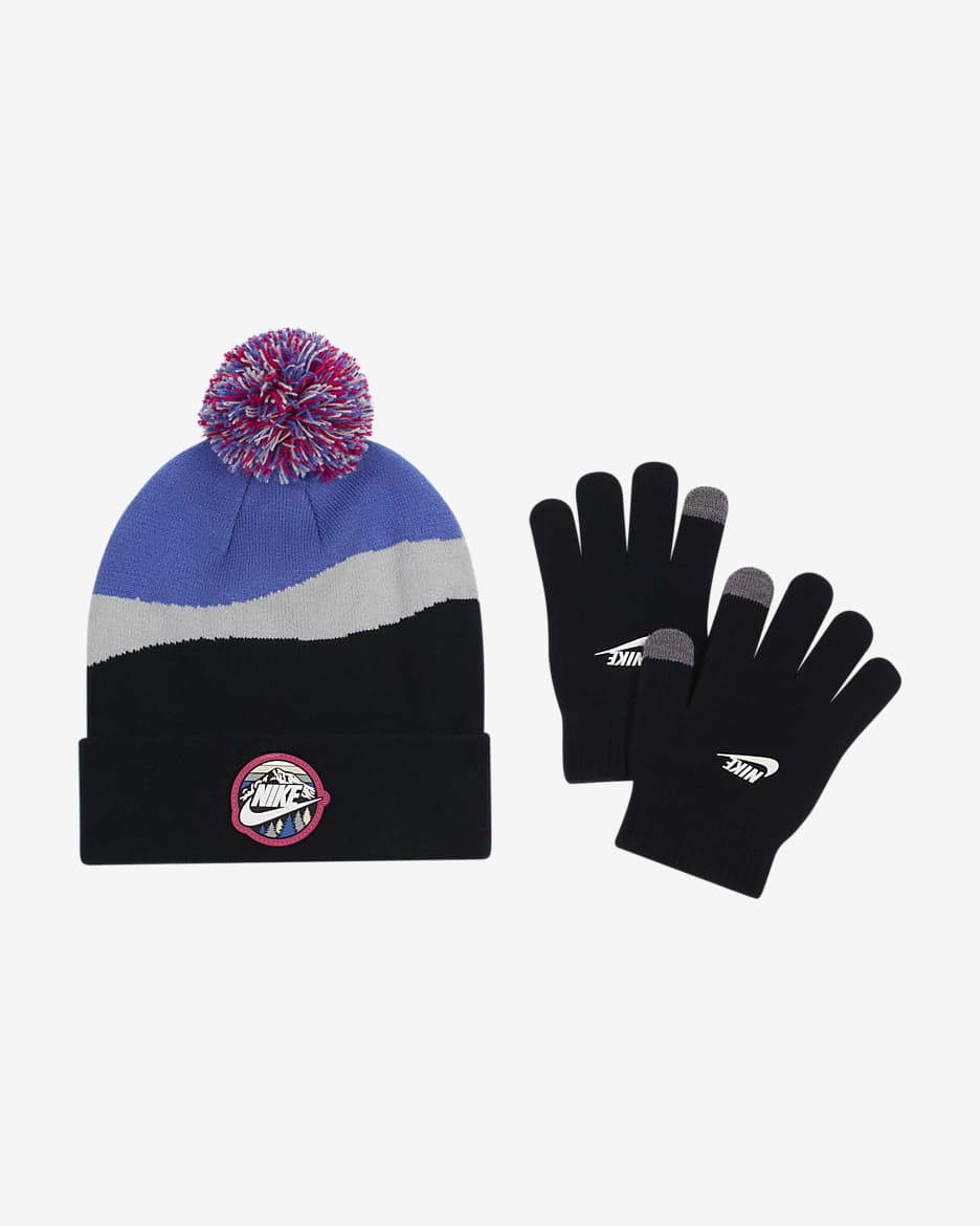 Nike Snow Day Beanie and Gloves Set Big Kids 2-Piece Hat Set - Black