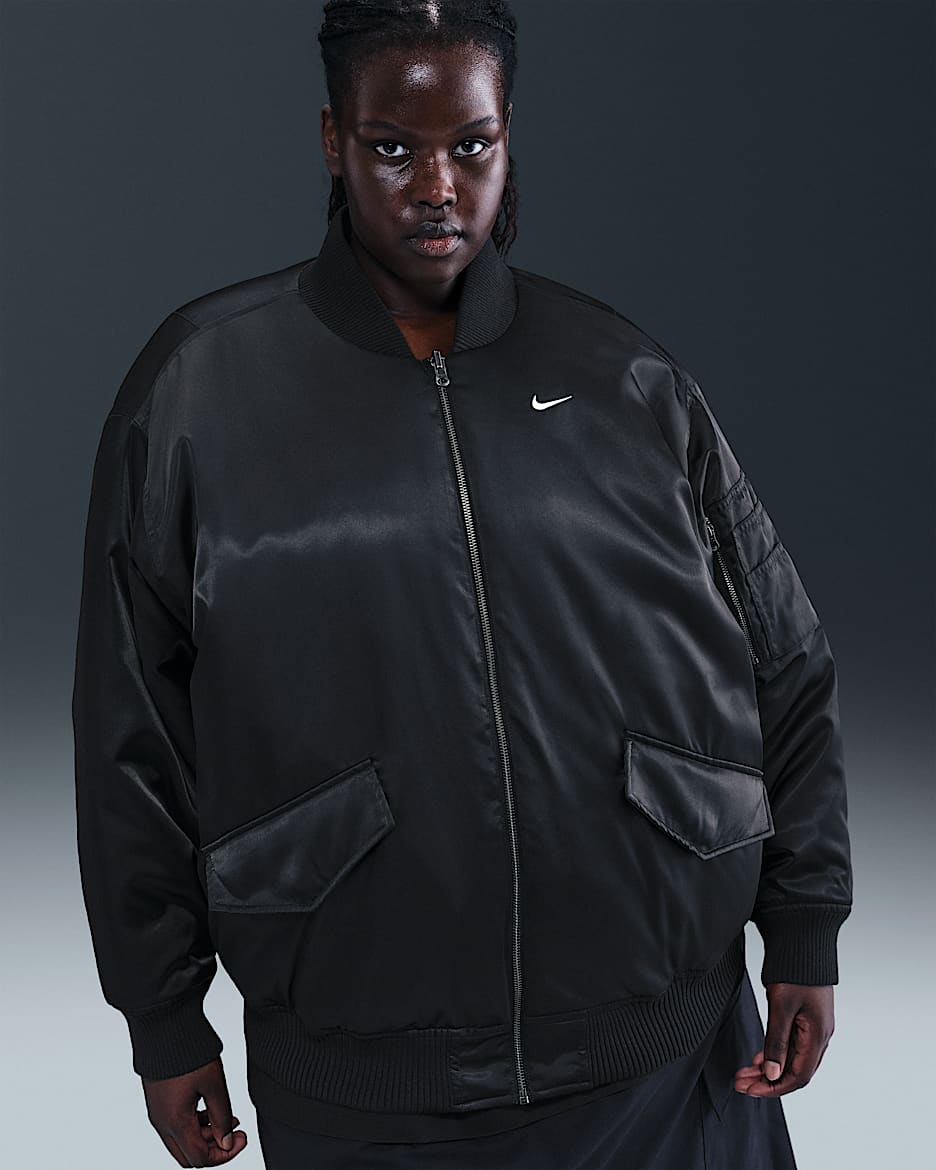 Nike Sportswear Women's Therma-FIT Reversible Bomber Jacket (Plus Size) - Black/Medium Ash/Sail/Sail