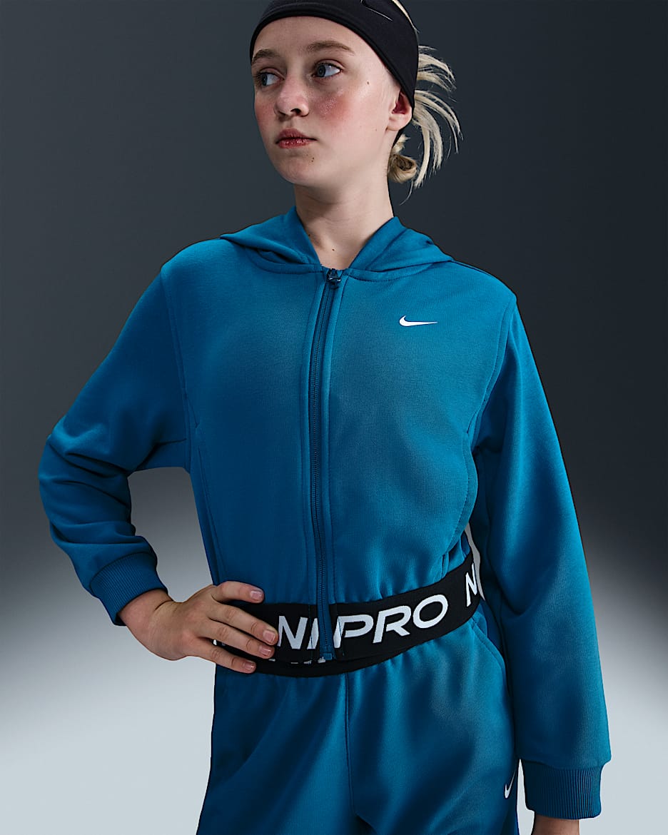 Nike Pro Fleece Big Kids' (Girls') Dri-FIT Full-Zip Hoodie - Green Abyss/Green Abyss/Black/White