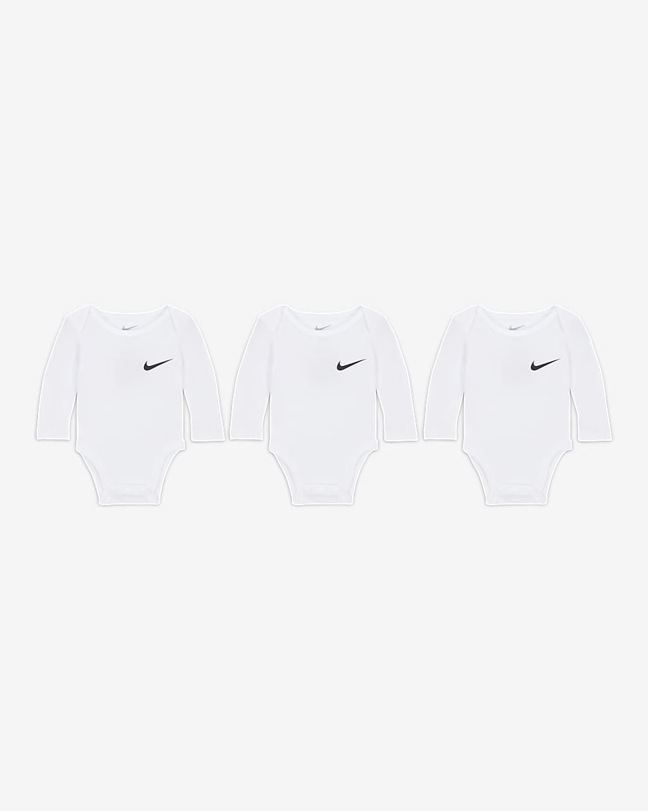 Nike Essentials Baby (0-9M) 3-Pack Long Sleeve Bodysuits - White