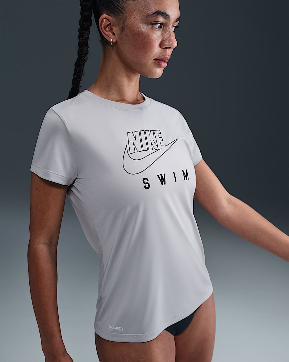 Playera de manga corta para mujer Nike Swim Swoosh Hydroguard - Gris humo claro