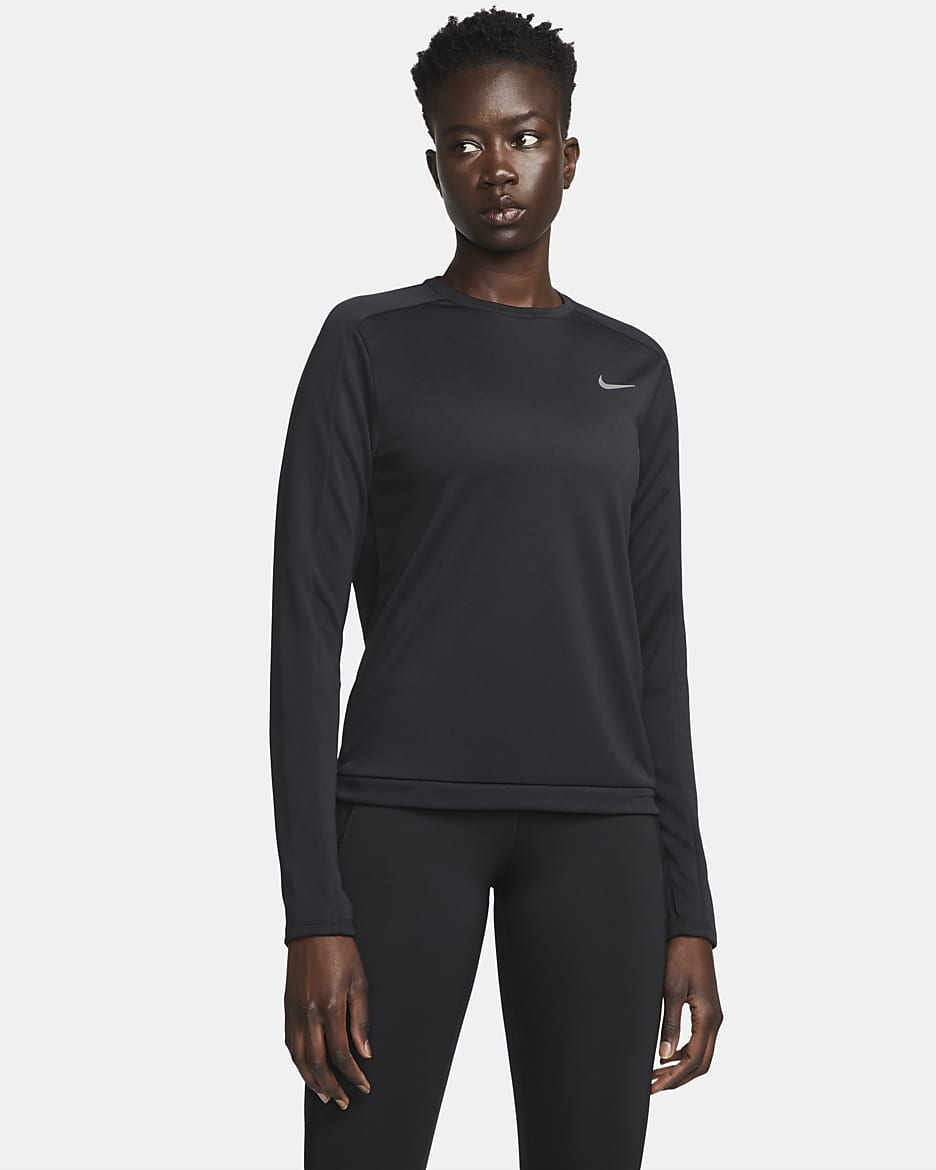 Nike Dri-FIT Damen-Laufoberteil mit Rundhalsausschnitt - Schwarz