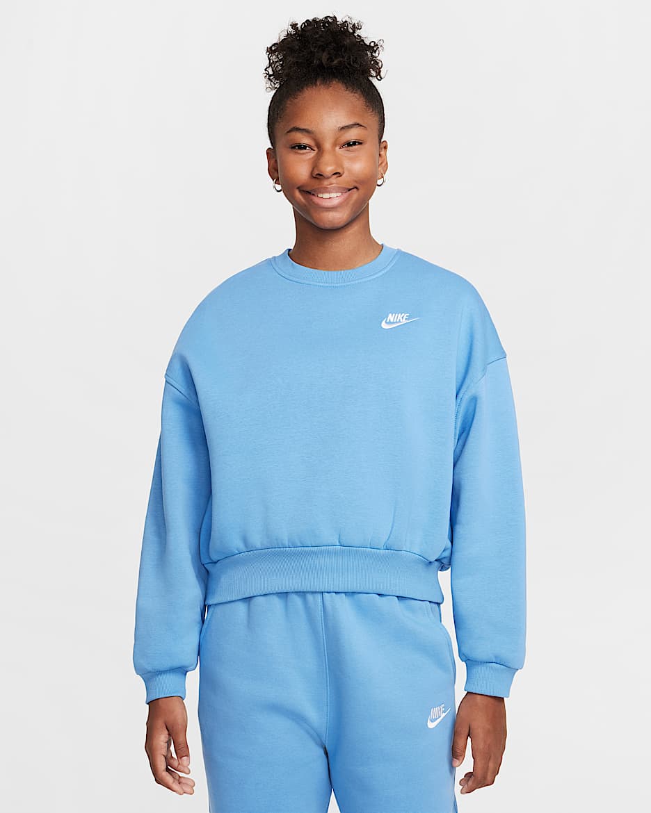 Sudadera de cuello redondo Dri-FIT de corte cuadrado para niña Nike Sportswear Club Fleece - Azul extremo/Blanco