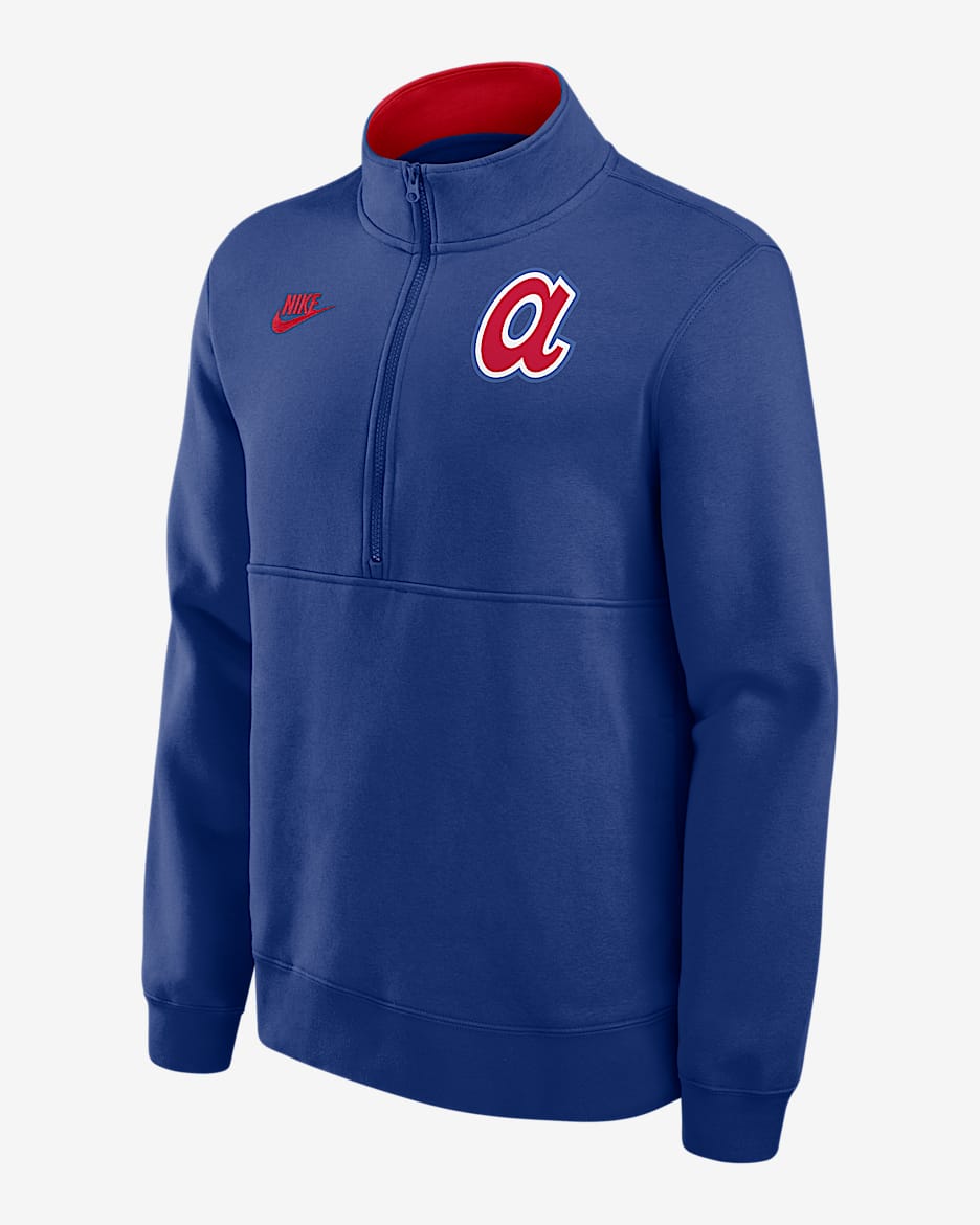 Sudadera de cuello redondo Nike de la MLB de medio cierre para hombre Atlanta Braves Cooperstown - Royal