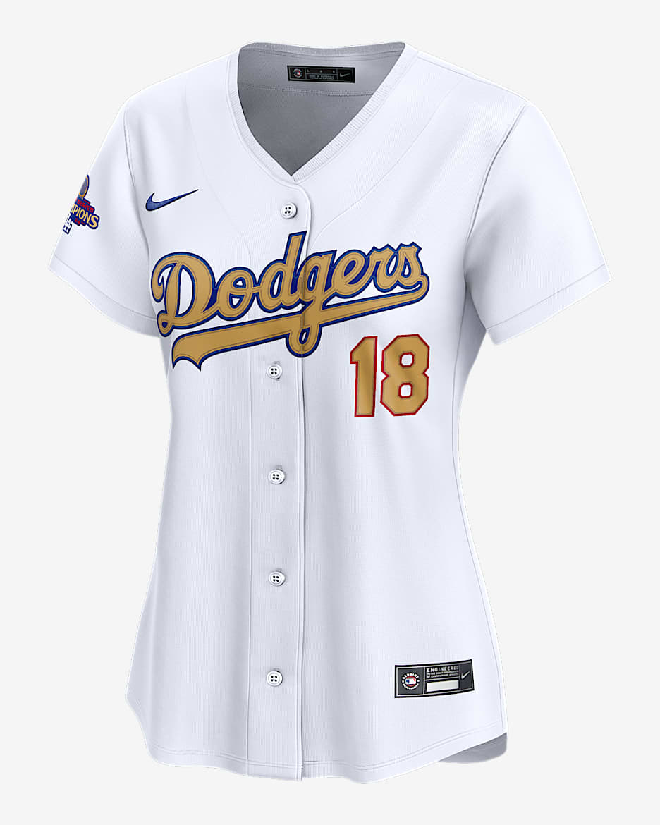 Yoshinobu Yamamoto Los Angeles Dodgers 2025 World Series Champions Gold Women’s Nike Dri-FIT ADV MLB Limited Jersey - White